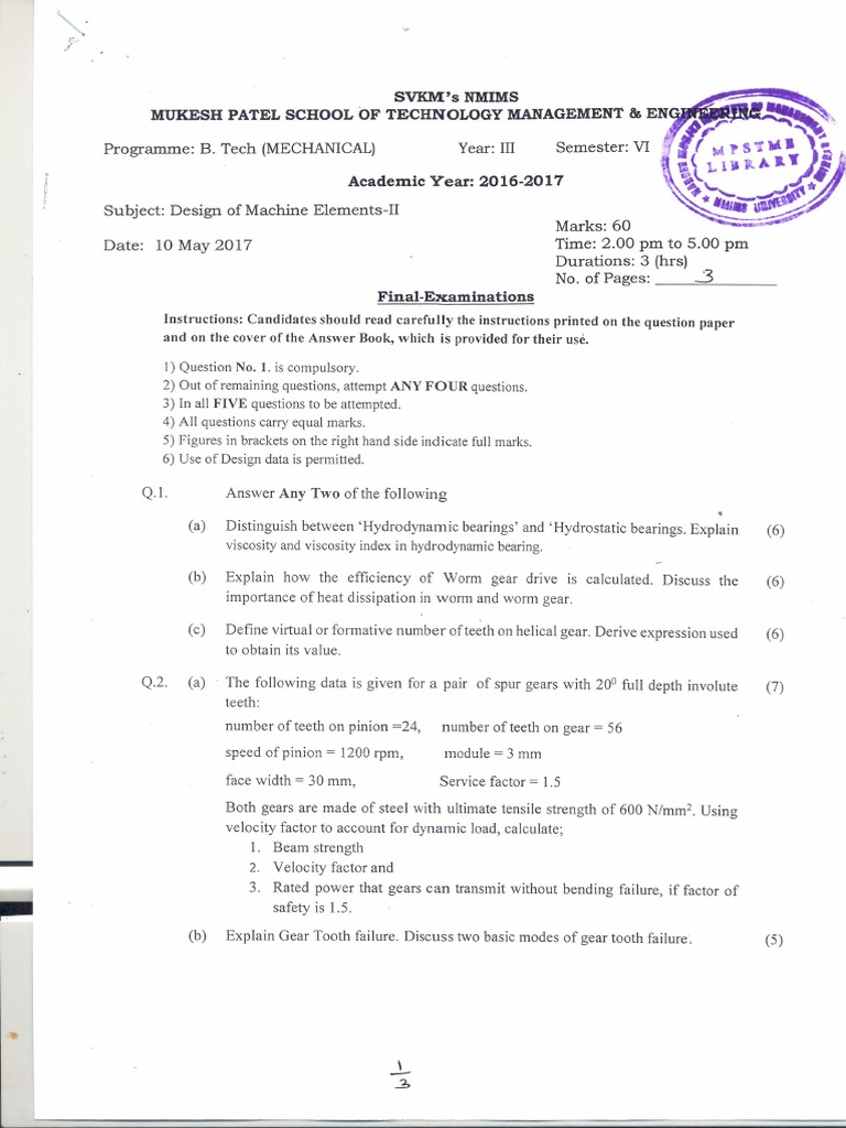 Design of Machine Elements Ii 16-17 Final Exam | PDF