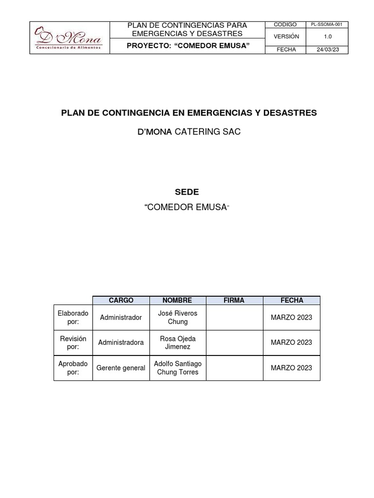 Plan de Contingencia para Emergencias | PDF | Primeros auxilios | Riesgo
