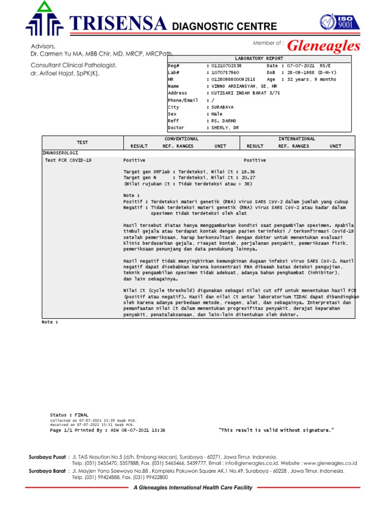 Collected On 07-07-2021 15:39 Swab PCR. Received On 07-07-2021 15:51 ...