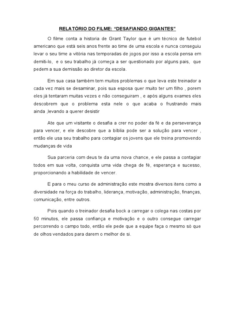Relatório Do Filme Desafiando Gigantes | PDF