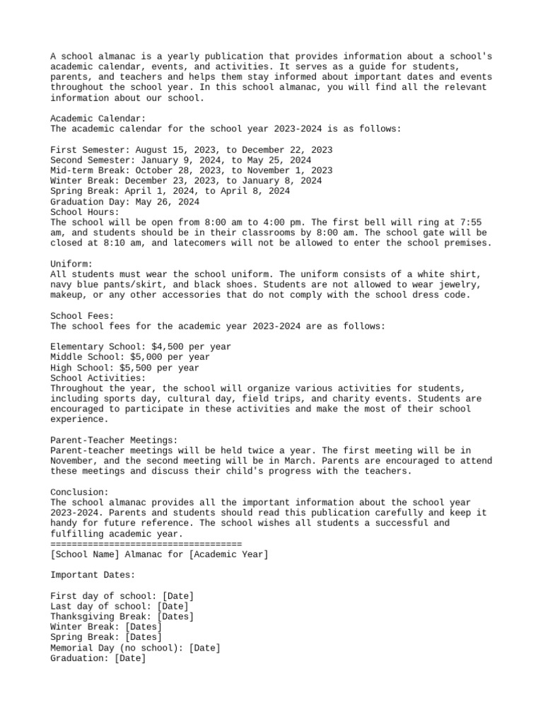 Sample Almanac PDF Academic Term Schools