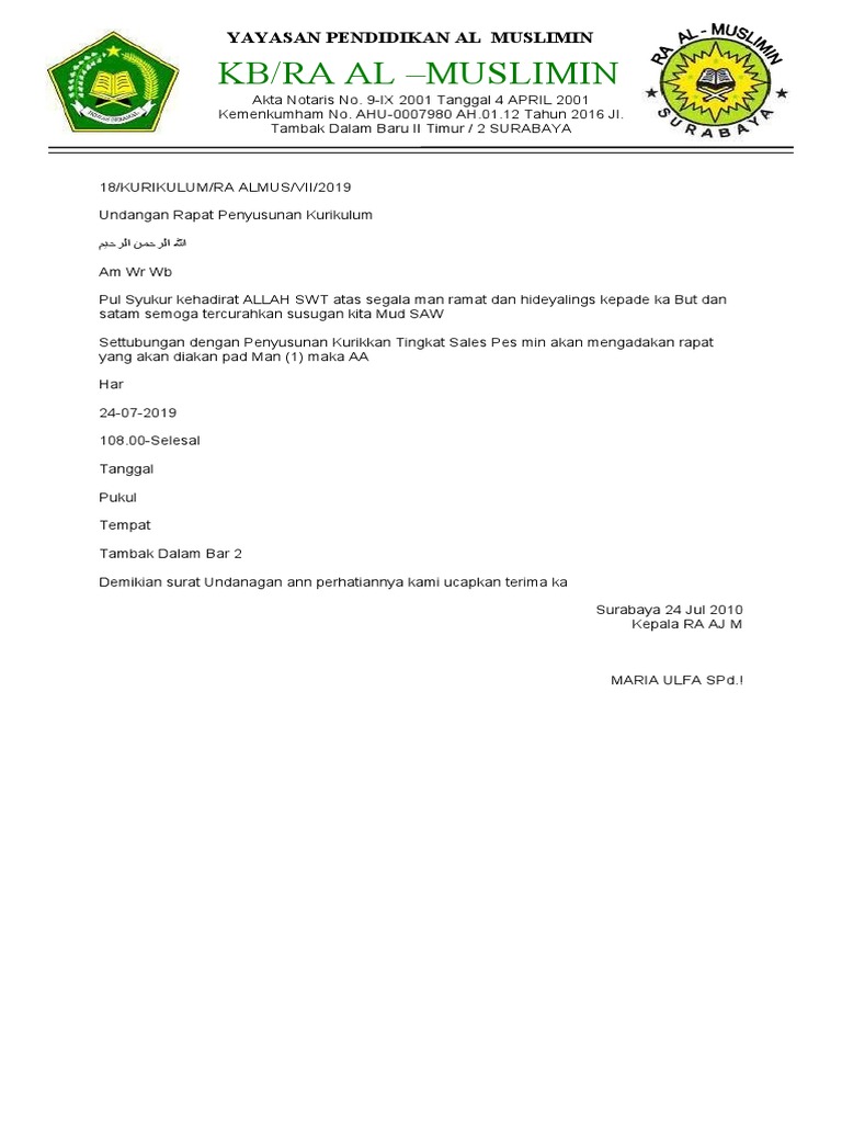 Undangan Rapat Penyusunan Kurikulum | PDF