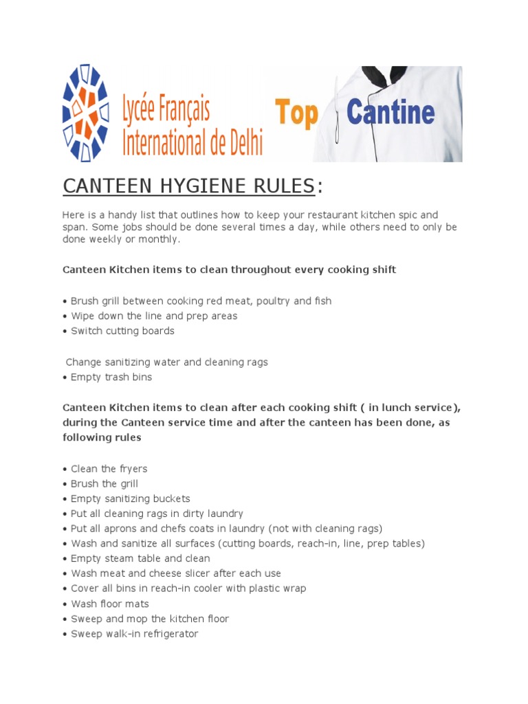 Canteen Hygiene Rules Canteen Kitchen Items To Clean Throughout Every