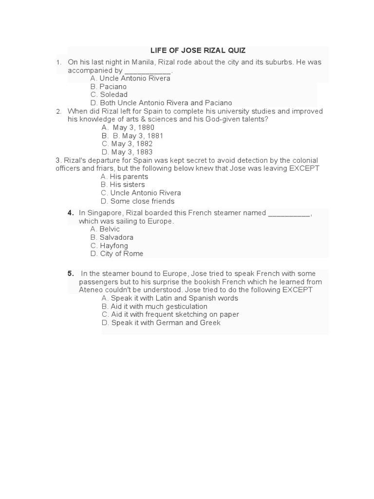 Testing Knowledge of Jose Rizal's Life: A 5 Question Quiz on Key Events ...