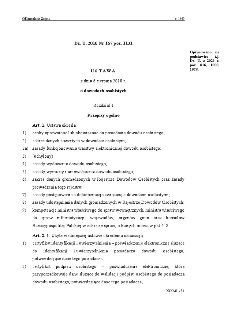 Ustawa o Dowodach Osobistych PDF