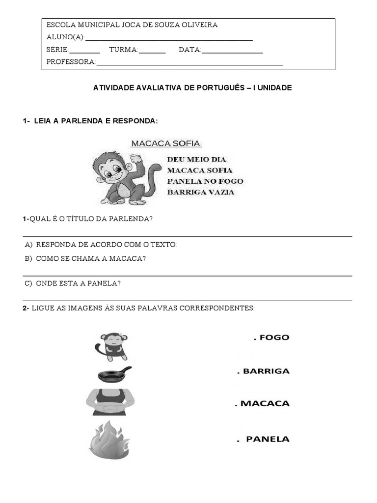 Avaliação de Portugues I Unidade 2º Ano | PDF