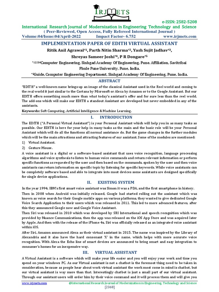 Implementation Paper of Edith Virtual Assistant | PDF | Siri | Software ...