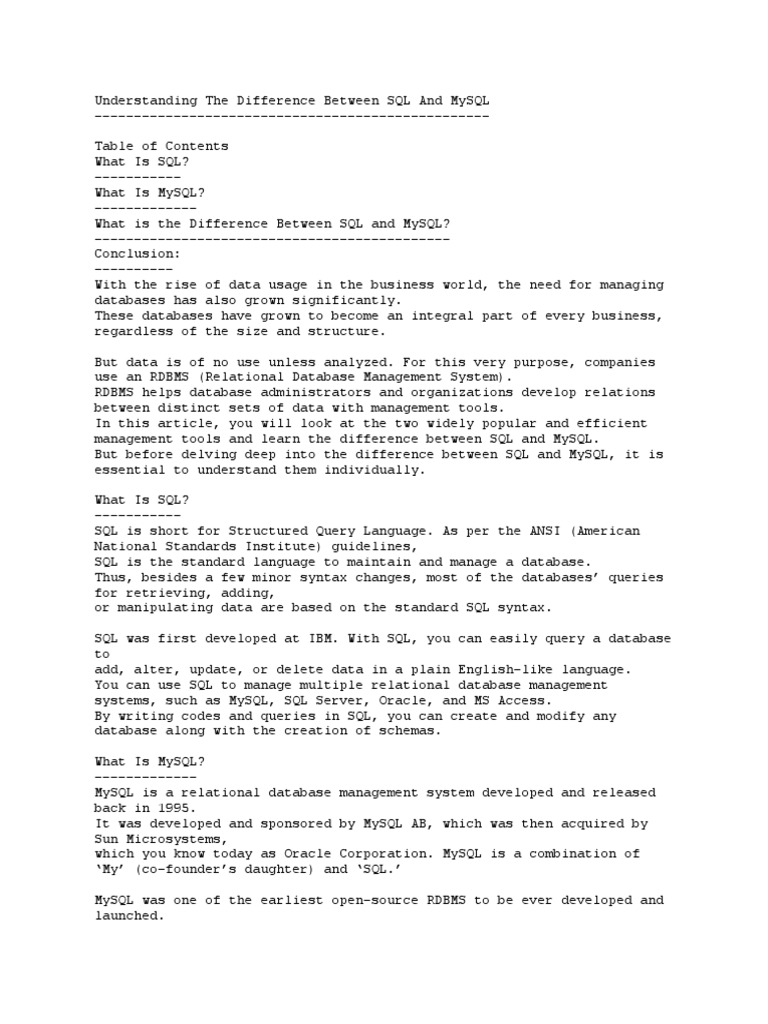 Understanding The Difference Between SQL and MySQL | PDF | My Sql | Sql