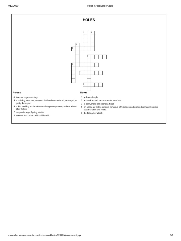 Holes Crossword Puzzle PDF