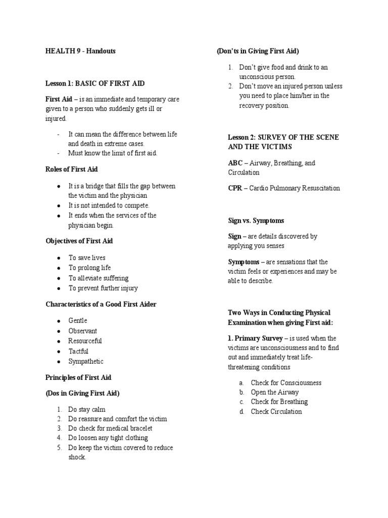 HEALTH 9 Handouts PDF First Aid Wound