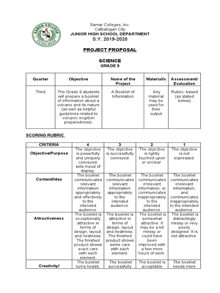 PROJECT PROPOSAL 3 Grade 9 SCIENCE | PDF | Rubric (Academic) | Information