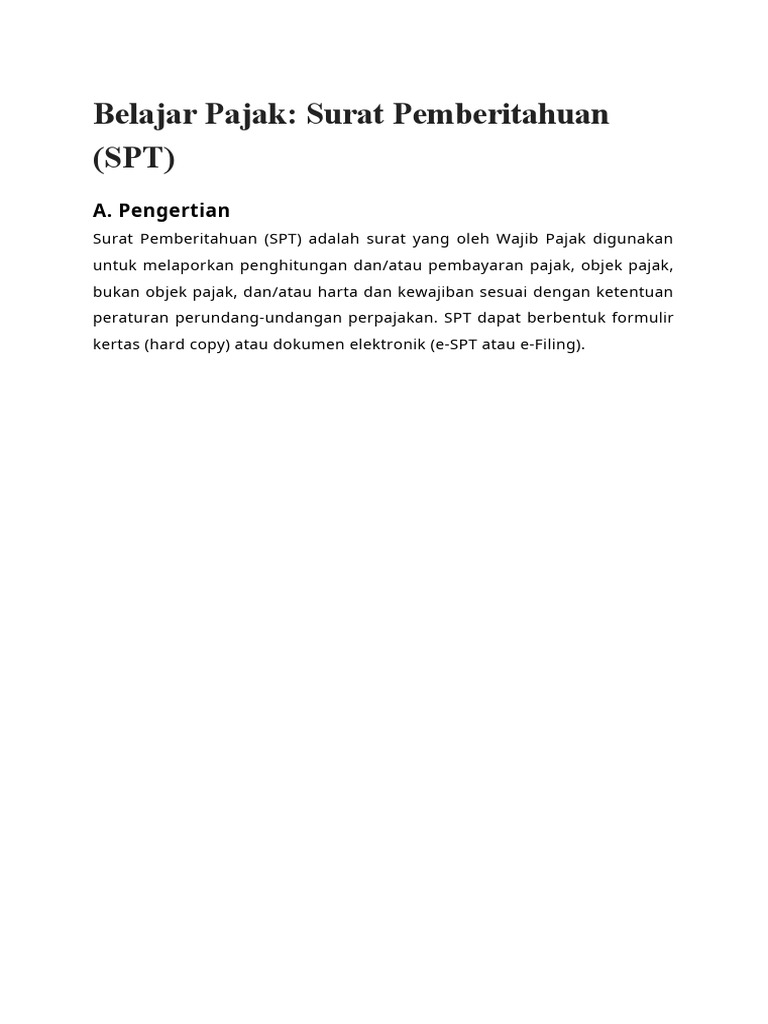 Belajar Pajak: Surat Pemberitahuan (SPT) : A. Pengertian | PDF