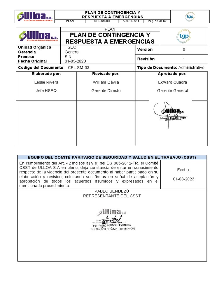 Plan de Contingencia y Emergencias ULLOA | PDF | Residuos | Seguridad y ...