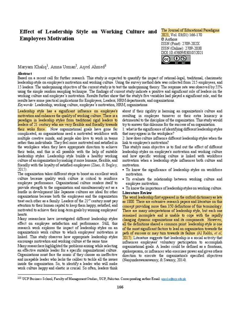 Effect of Leadership Style On Working Culture and Employees Motivation ...