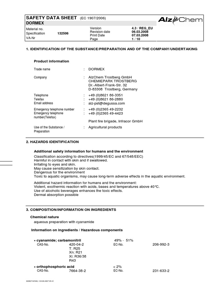 Dormex MSDS | PDF | Toxicity | Water