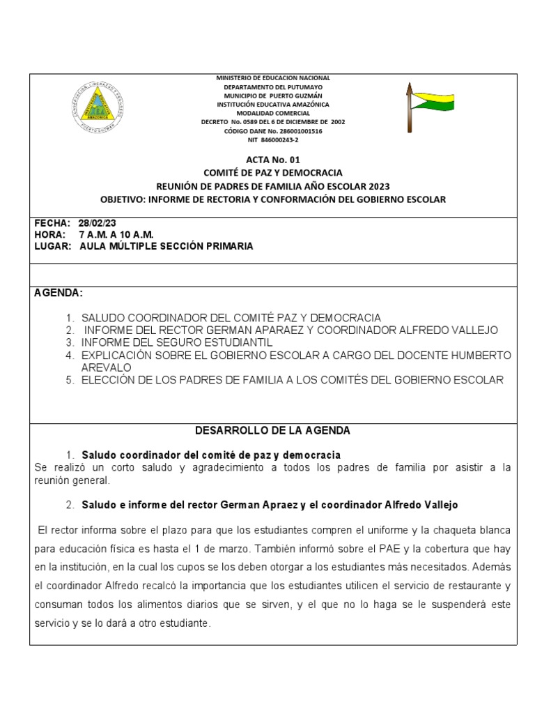 Acta O1 Gobierno Escolar 2023 | PDF | Estilo de vida