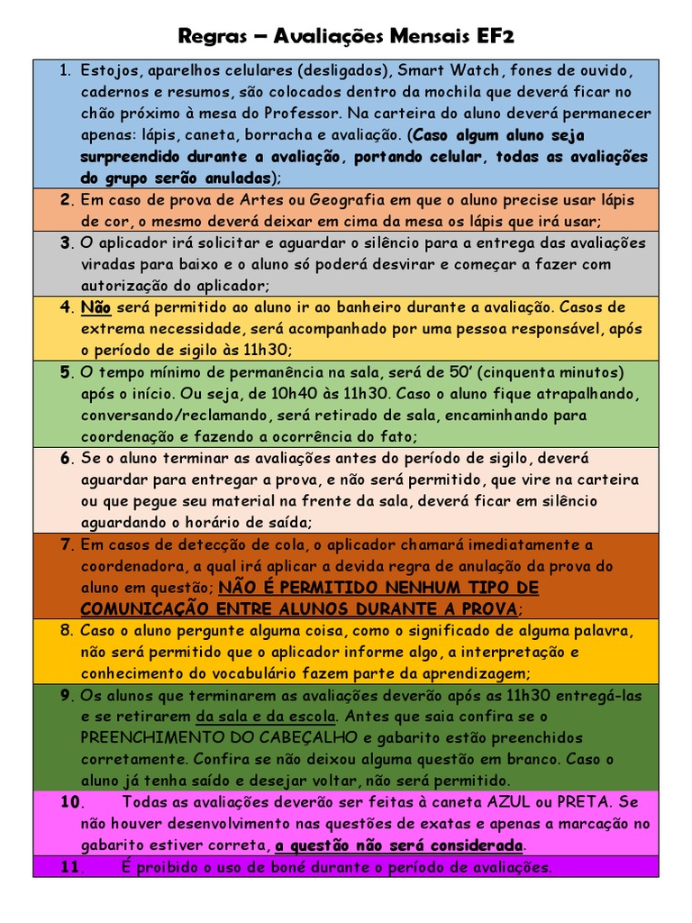 Regras para Provas Mensais EF2 | PDF | Artes Linguísticas e Disciplina ...