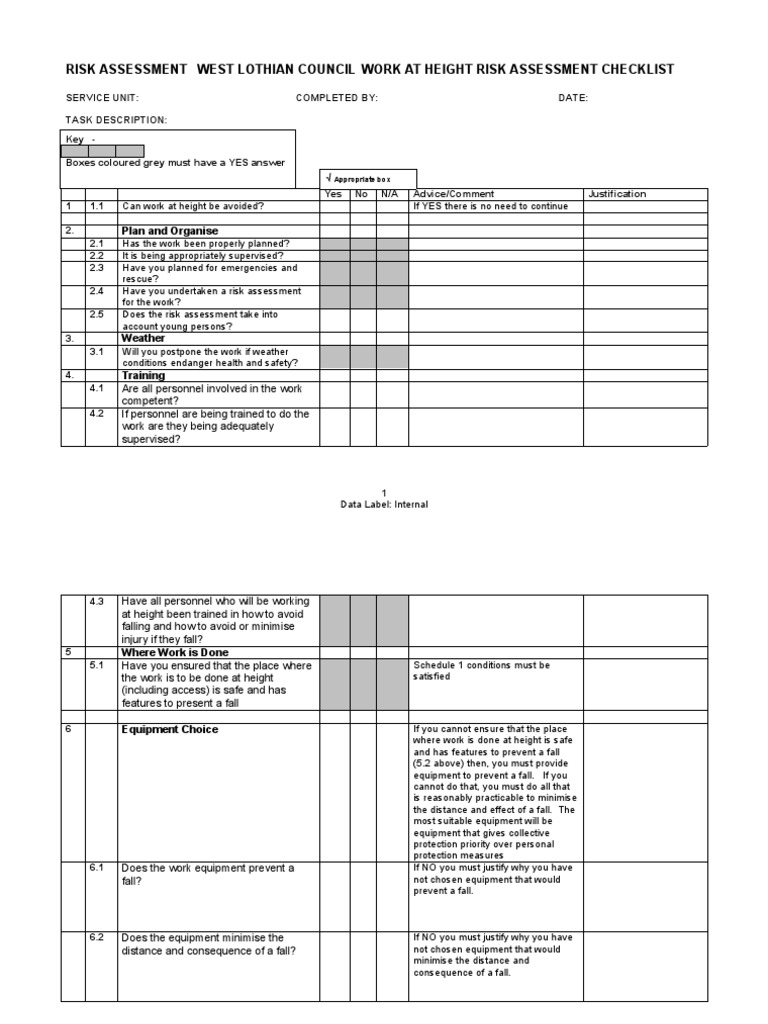 Work at Height Risk Assessment Checklist | PDF | Ladder | Safety