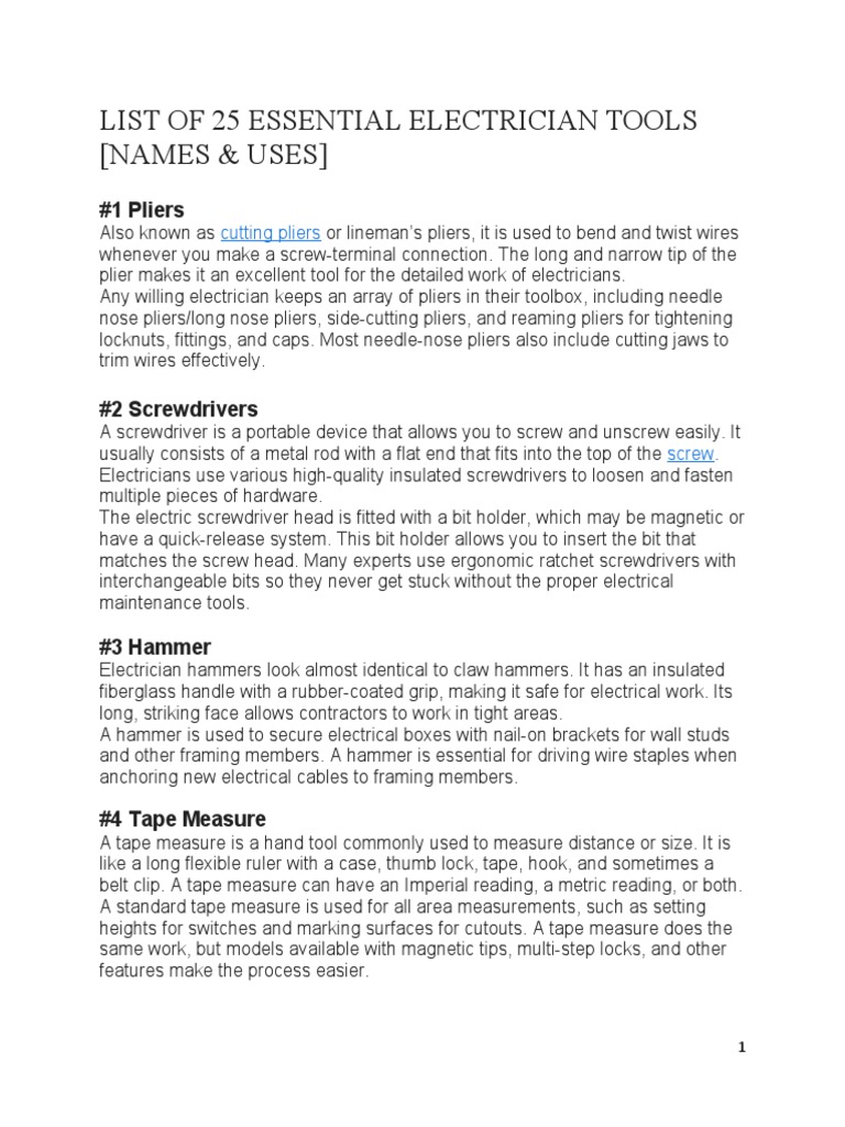 List of 25 Essential Electrician Tools PDF Electrical Connector