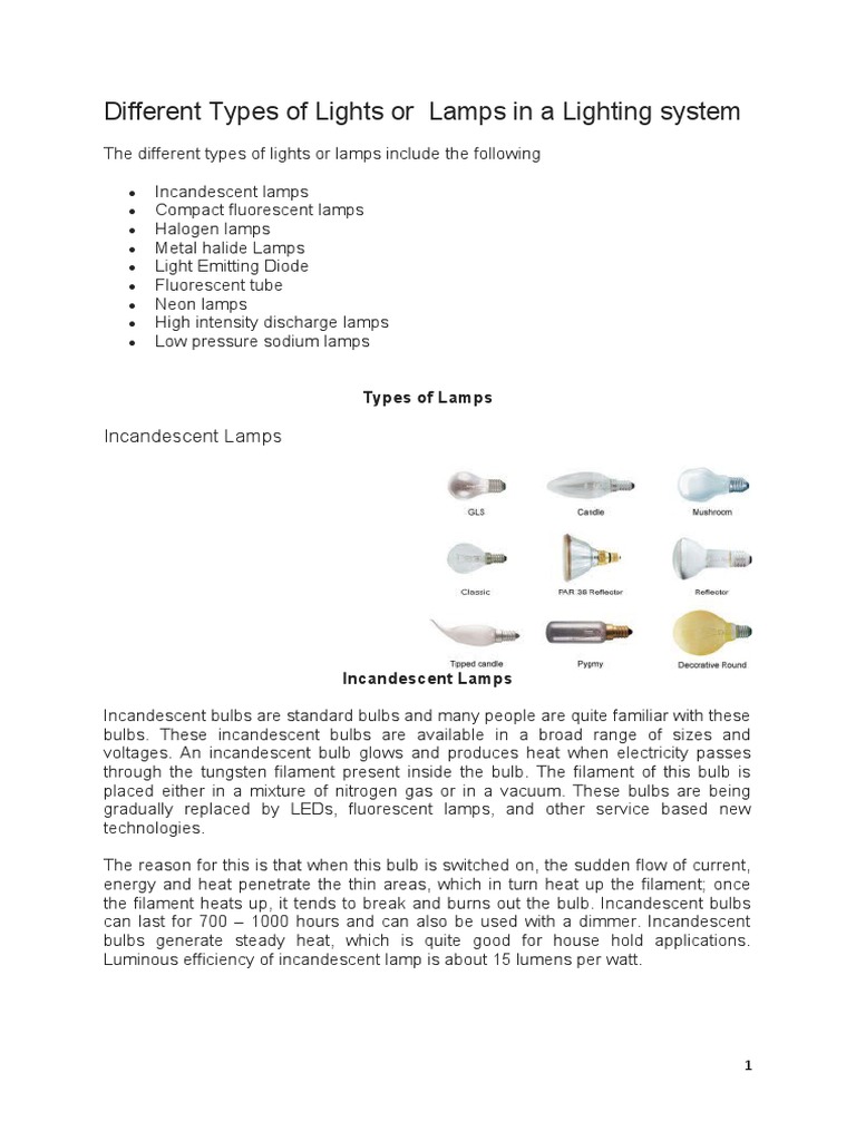 Different Types of Lights in Electrical System | PDF | Incandescent ...