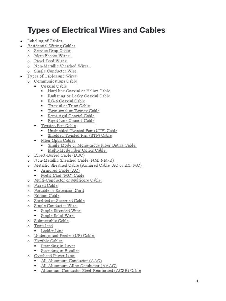 Types of Electrical Wires and Cables PDF Coaxial Cable Electrical Wiring