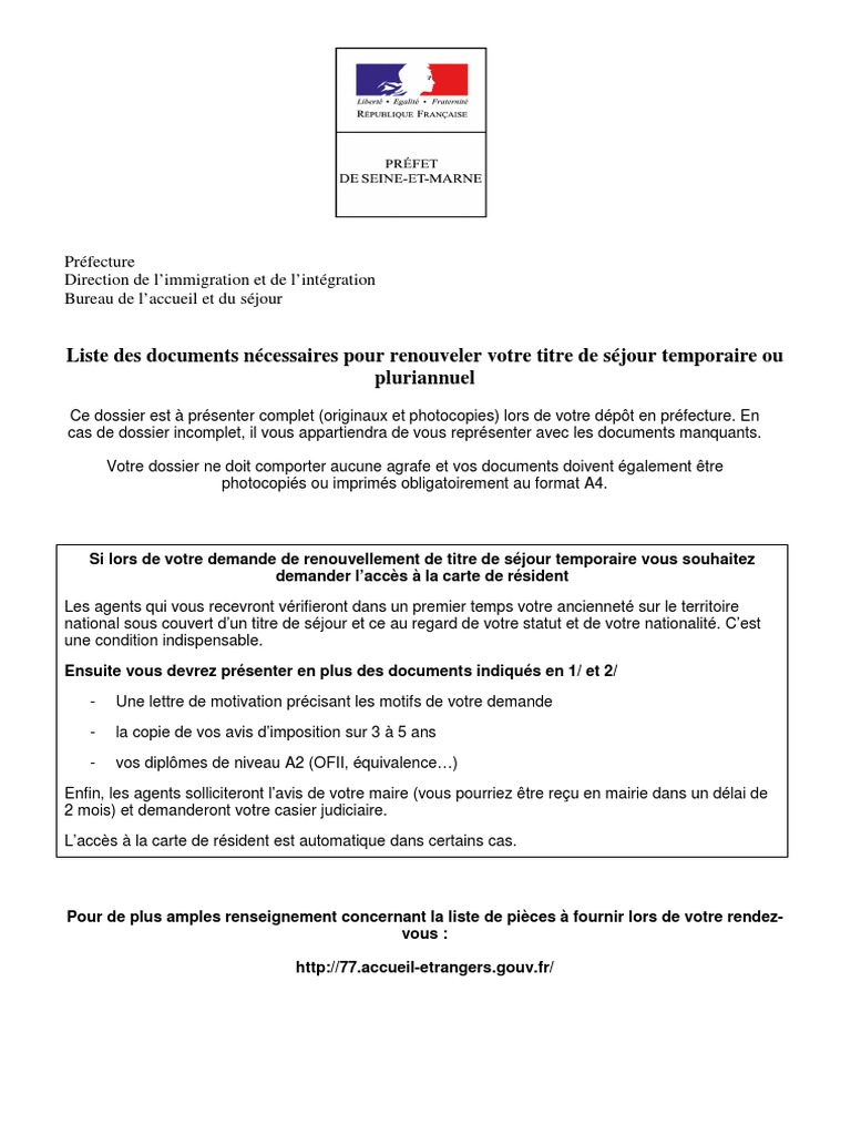 Documents pour renouvellement titre de séjour | PDF | Certificat de ...