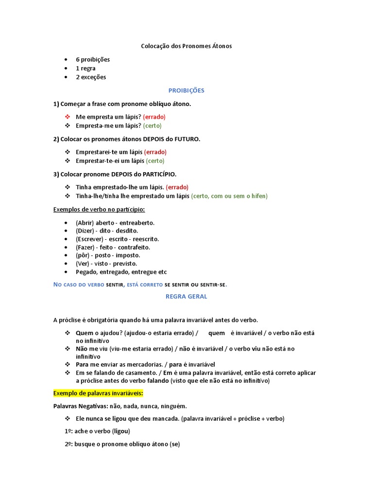 Colocação Dos Pronomes Átonos | PDF | Palavra | Pronome
