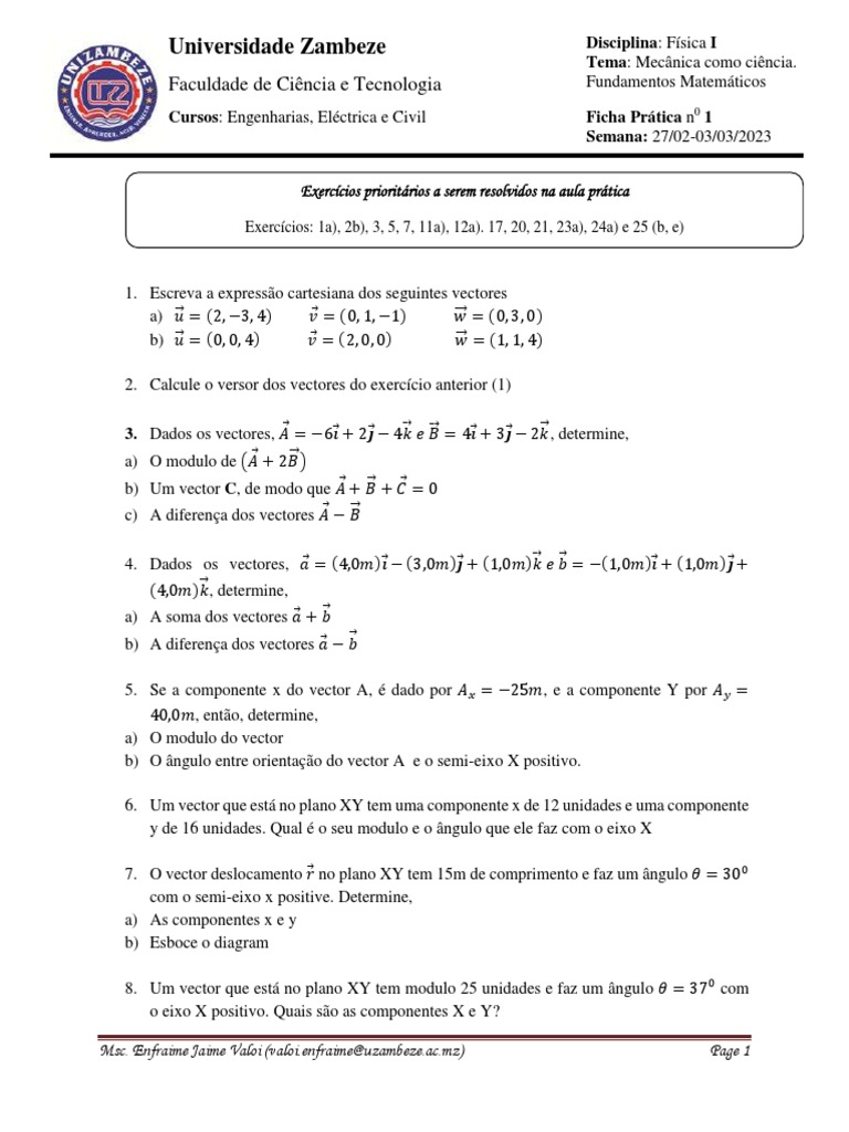 Exercícios de Vetores e Cálculo Matemático | PDF | Vetor euclidiano ...