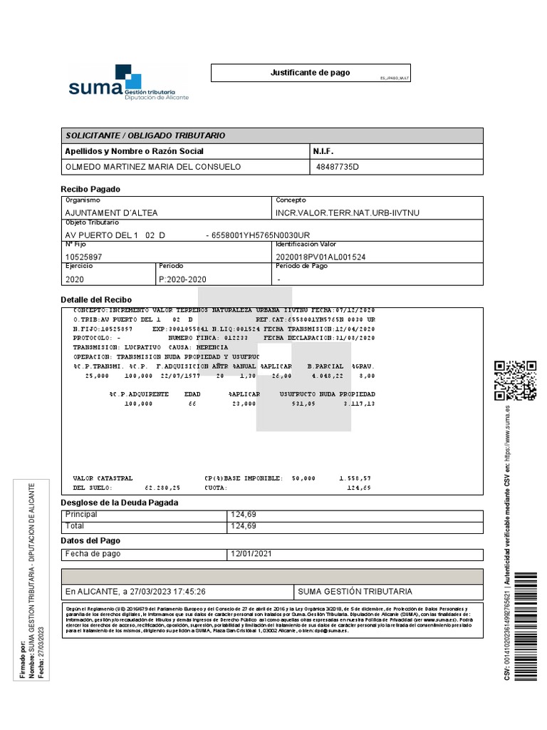 Solicitante / Obligado Tributario: Justificante de Pago | PDF ...