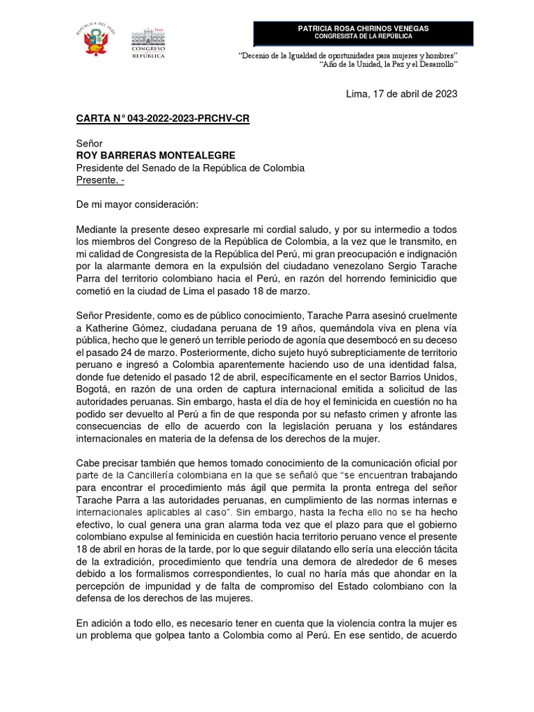 Solicita Expulsión de Sergio Tarache Al Senado Colombiano | PDF | Perú ...