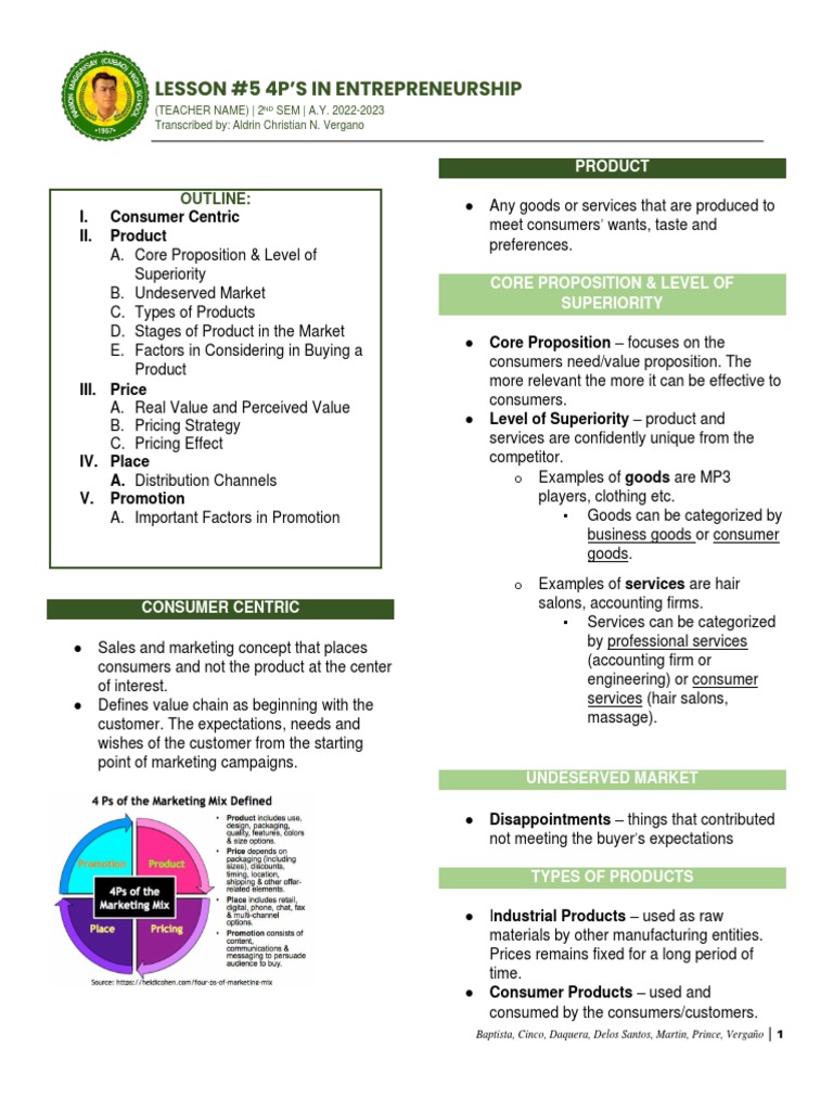 Lesson 5 4ps In Entrepreneurship Pdf Pricing Product Business