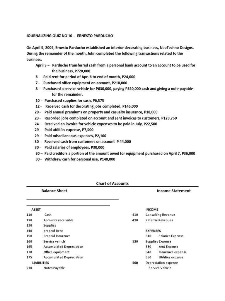 Journalizing Exercises 10 | PDF | Debits And Credits | Expense