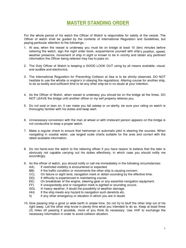 Master Standing Order for Ship's Captain
