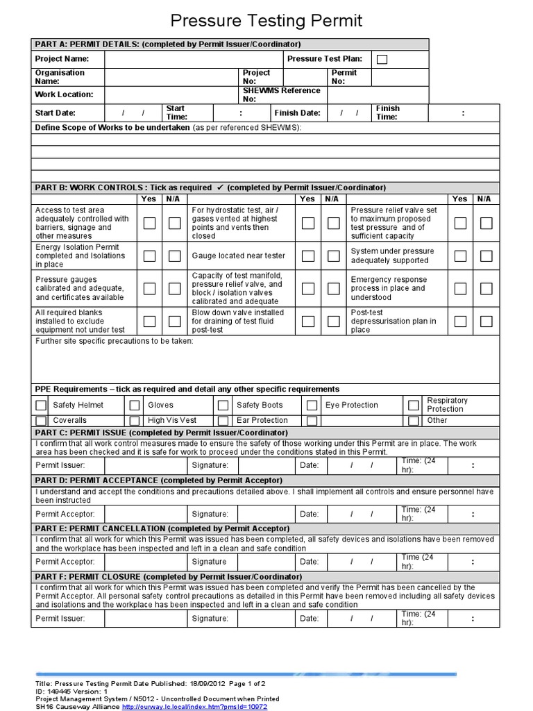 Pressure Testing Permit Guidelines | PDF | Personal Protective ...