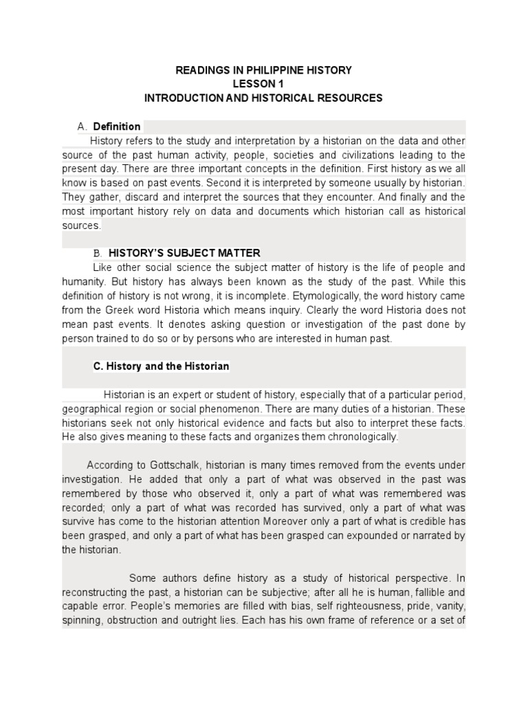 Readings in Philippine History Lesson 1 Introduction and Historical ...