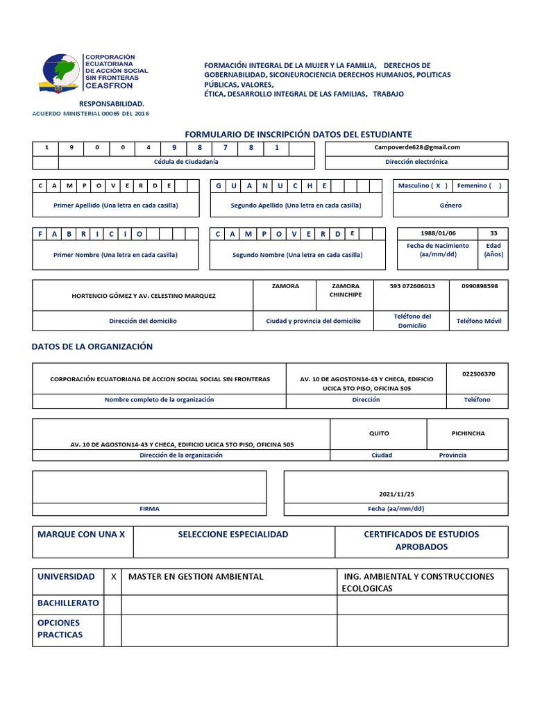 Ficha Inscripci N De Pregrados PDF