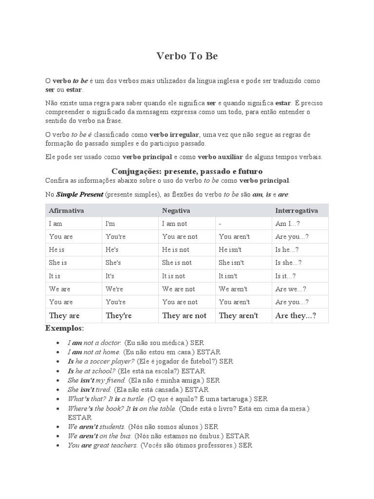 Verbo To Be: Conjugações: Presente, Passado e Futuro | PDF | Linguistic ...