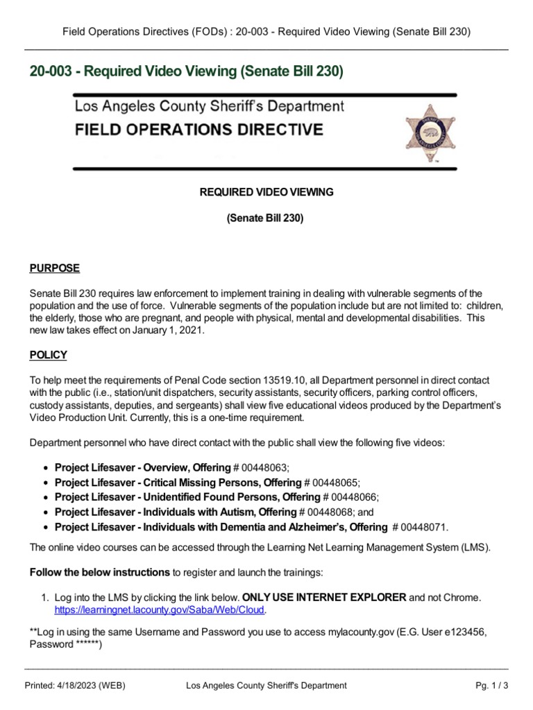 Field Operations Directives (FODs) 20003 Required Video Viewing
