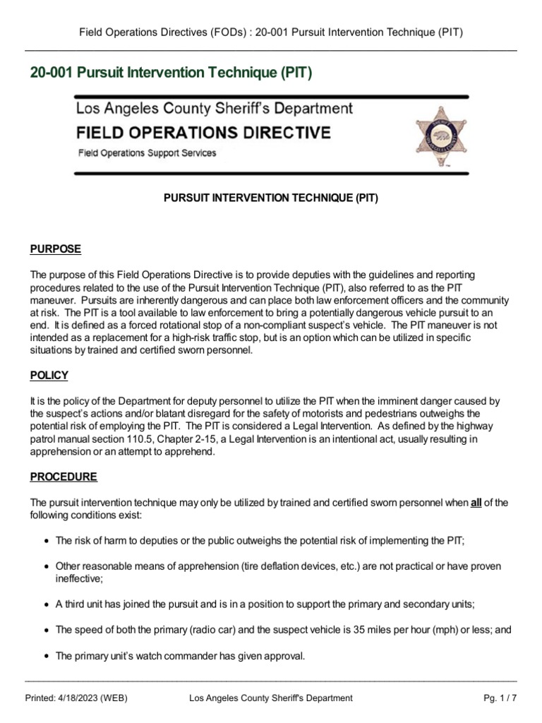 Field Operations Directives (FODs) 20-001 Pursuit Intervention ...