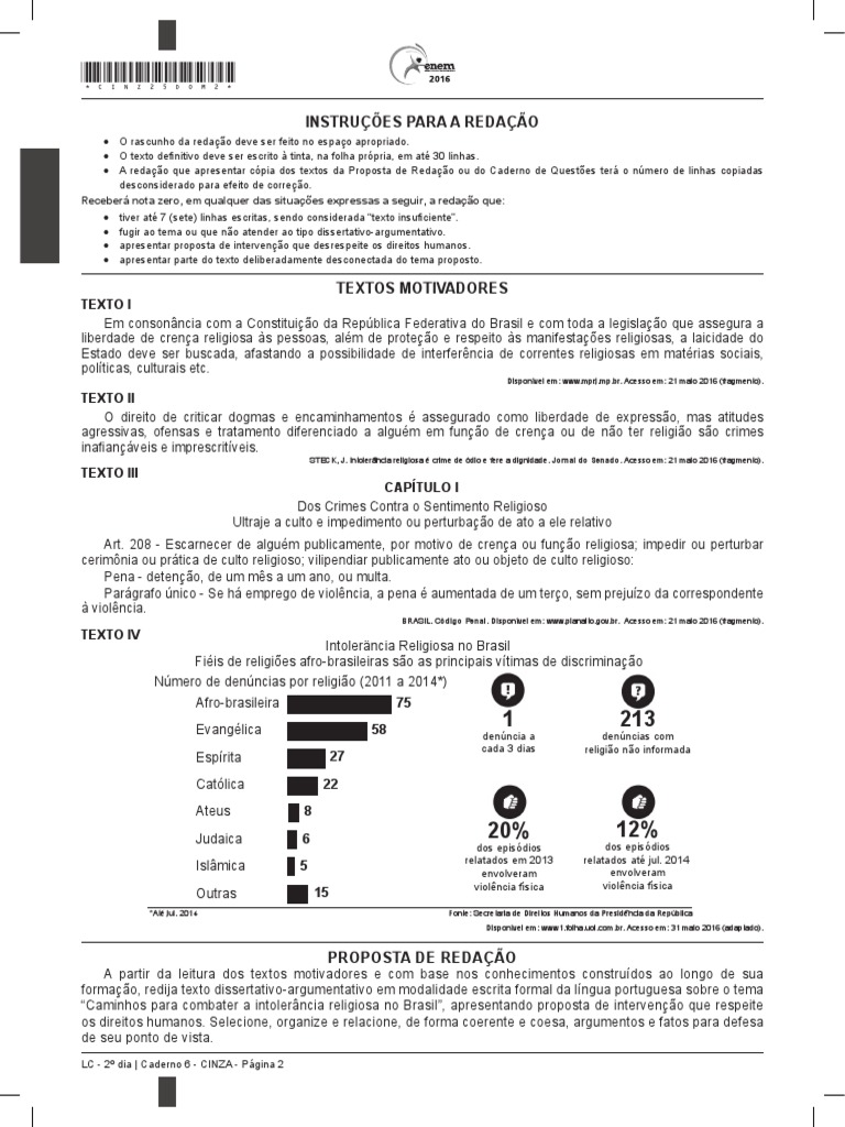 Tema Redação ENEM 2016 | PDF | Liberdade de religião | Justiça