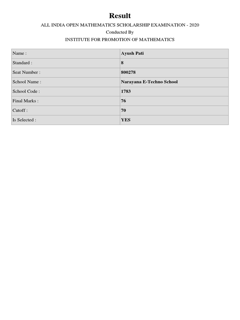 Result: All India Open Mathematics Scholarship Examination - 2020 ...