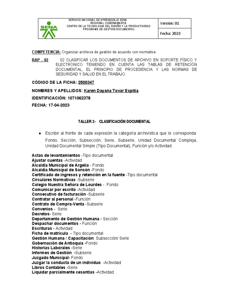 Taller De Clasificacion Documental Pdf Gestión De Registros