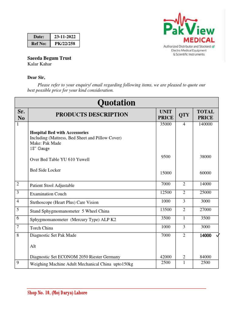 Quotation Sr. No Products Description PDF Equipment Medical
