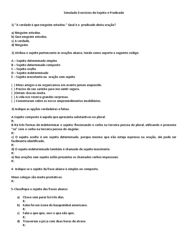 Simulado de Sujeito e Predicado | PDF | Artes Linguísticas e Disciplina