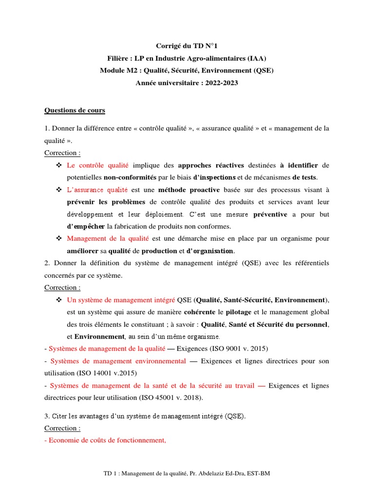 Corrigé TD 1 : Management de la qualité | PDF | Système de management ...