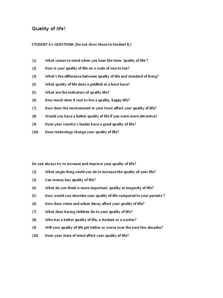 Exploring Quality of Life Insightful Questions to Assess WellBeing