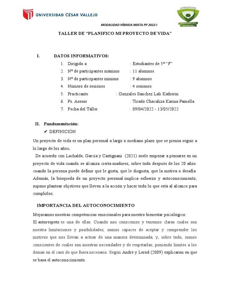 Taller de Proyecto de Vida 5° “F” 2022 | PDF | Teorías psicologicas ...