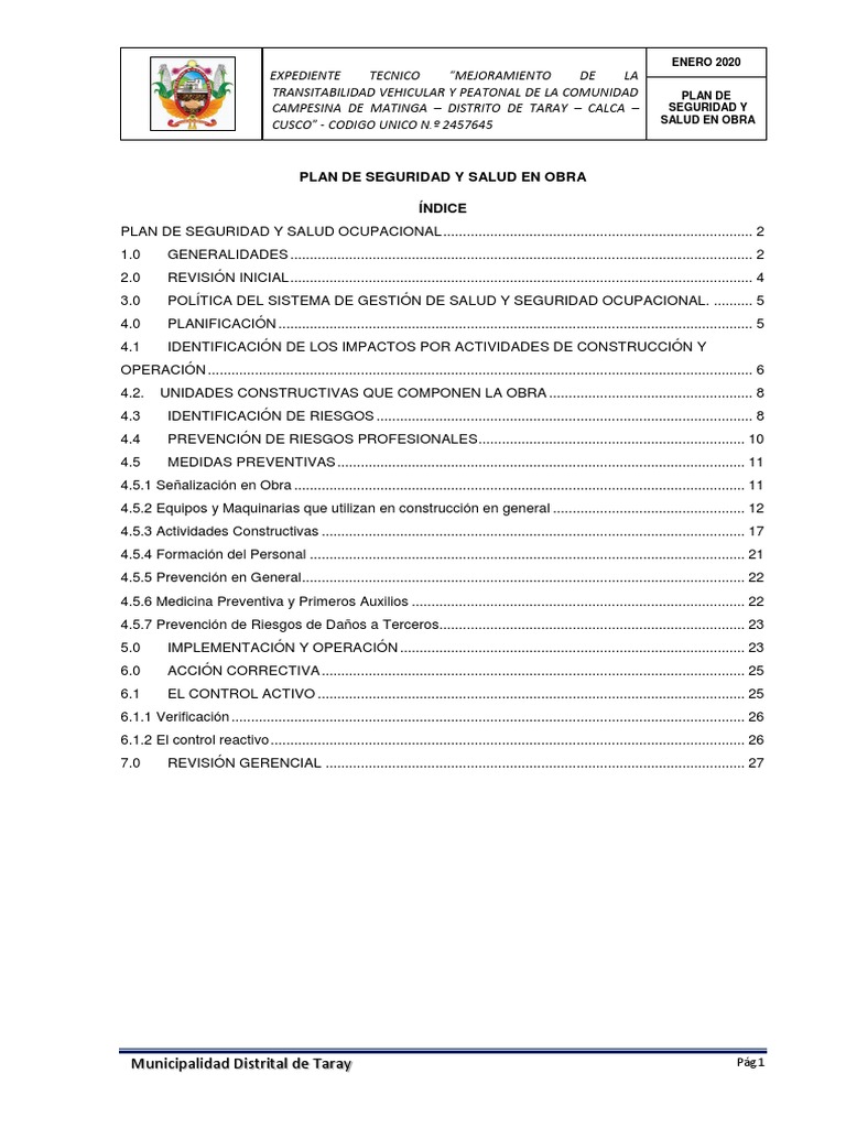 Plan de Seguridad y Salud en Obra Taray | PDF | Seguridad y salud ...
