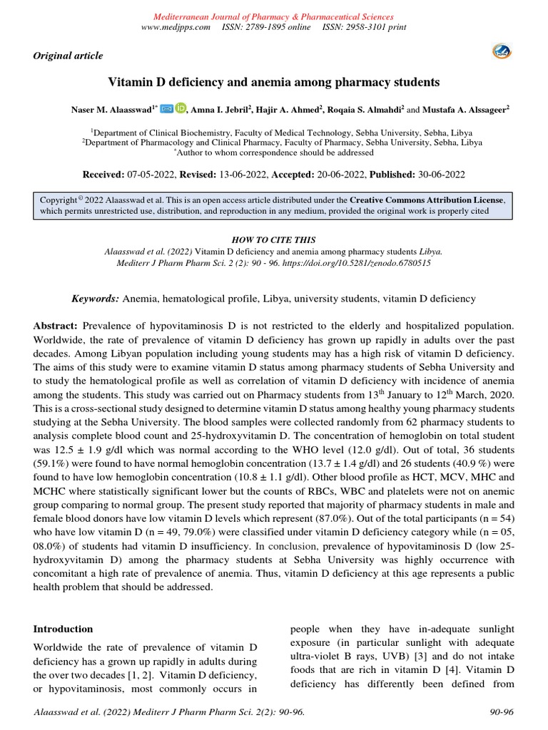 Vitamin D Deficiency and Anemia Among Pharmacy Students PDF Anemia