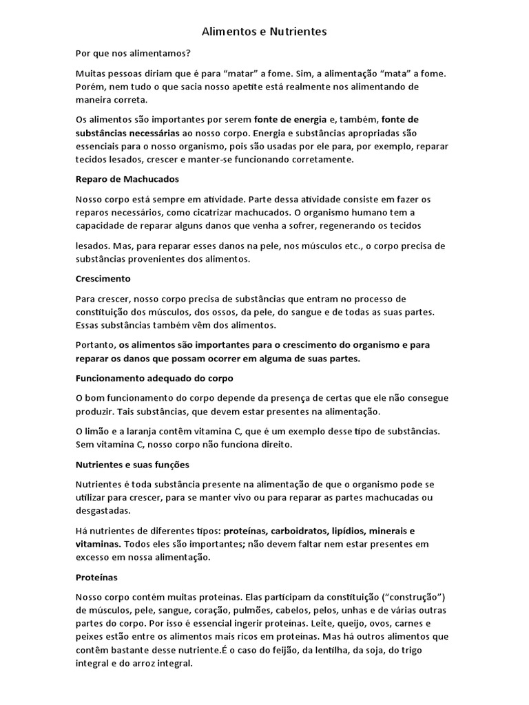 Alimentos E Nutrientes Pdf Corpo Humano Nutrientes